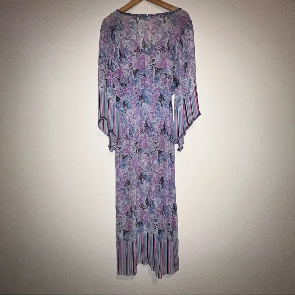 Calypso St. Barth 100% Silk Sheer Bead Boho Y2K Paisley Kimono Maxi Dress SZ 1 - Picture 3 of 15